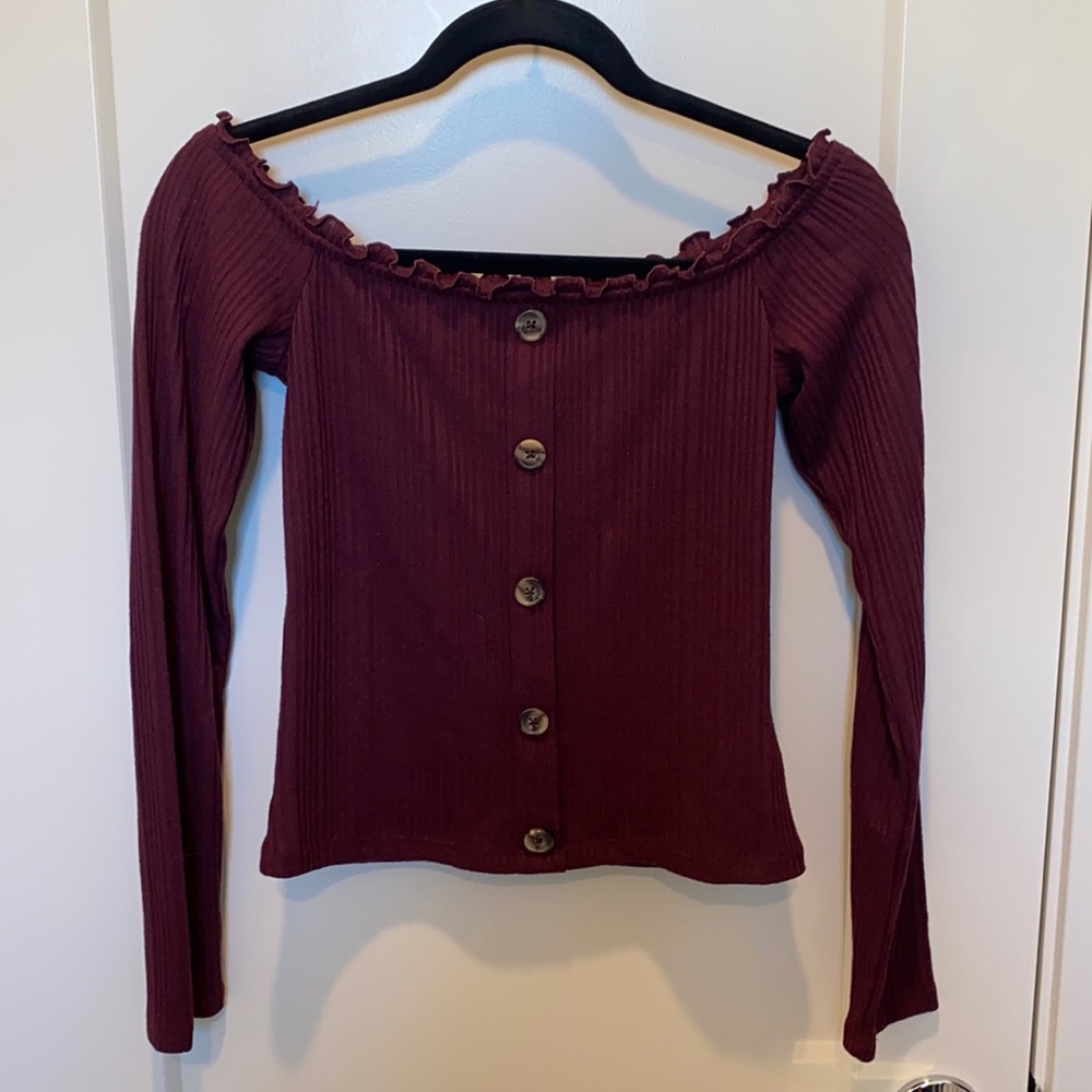 Maroon Off Shoulder Button Down Seriously Soft Aero Long Sleeve Top.